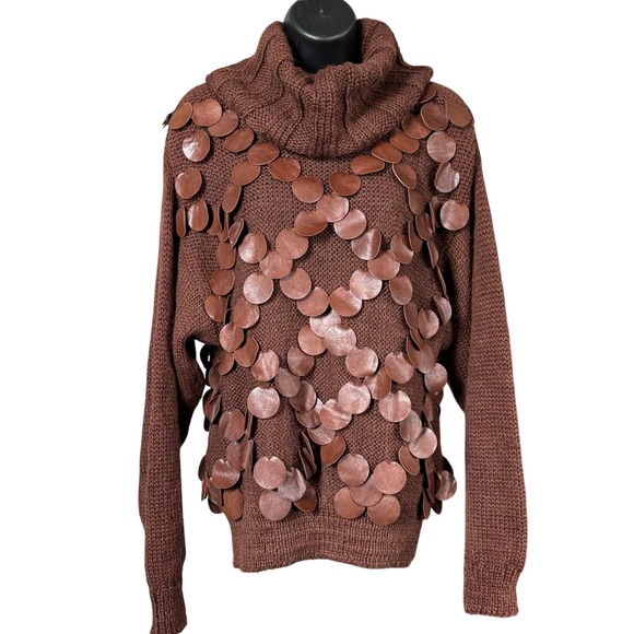 susan Sandhaus Sweaters - Vtg 90s Wool Alpaca Leather Sweater Sz M Brown Boho‎ Luxe Festival Embellished